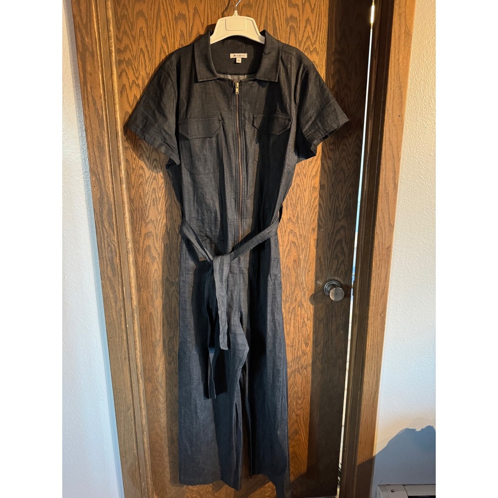 Albion Dark Wash Denim Utility Jumpsuit Short Sleeve‎ Belted Wide Leg XL
